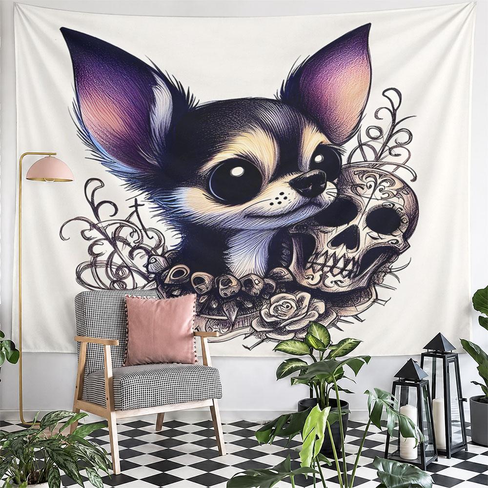 Chihuahua and Ornate Skull Artwork Pattern Wall Hanging Tapestry Decorative Tapestry Home Decor for Bedroom and Living Room