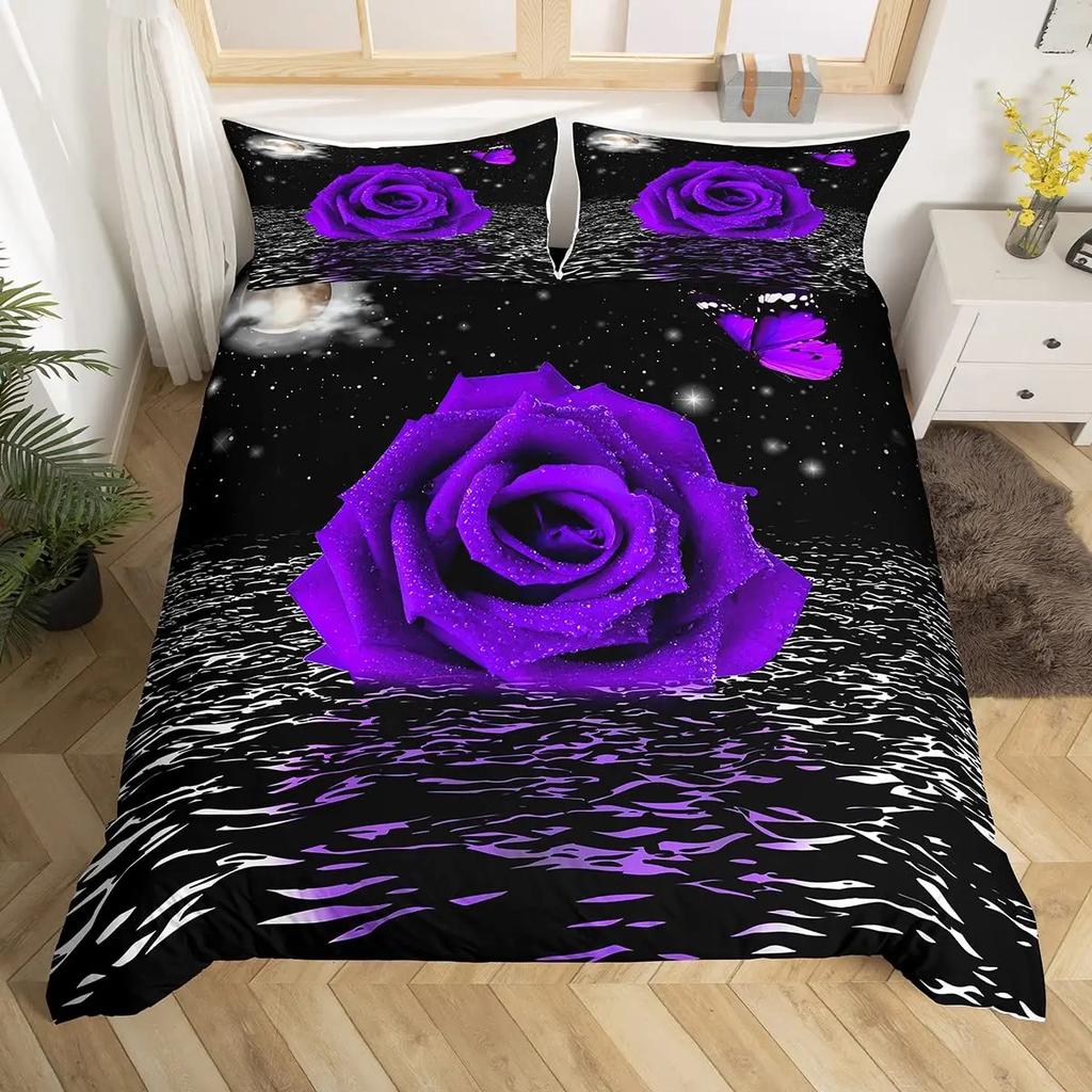 Purple Rose King Queen Duvet Cover Beautiful Butterflies Flowers Bedding Set For Teen Adults Floral 2/3Pcs Polyester Quilt Cover