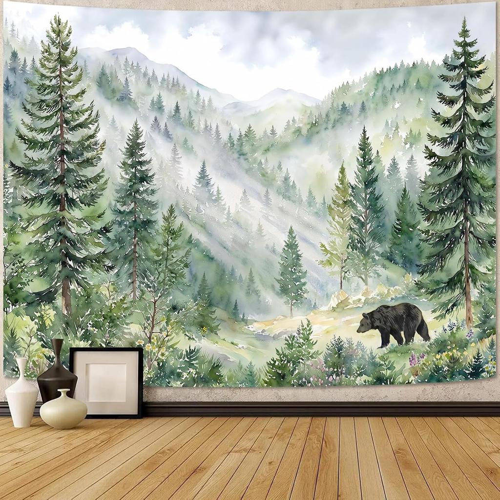 Mountain Forest Tapestry, Bear And Misty Foggy Watercolor Scenery Art Wall Hanging, Nature Scenery Tapestry For Bedroom Living
