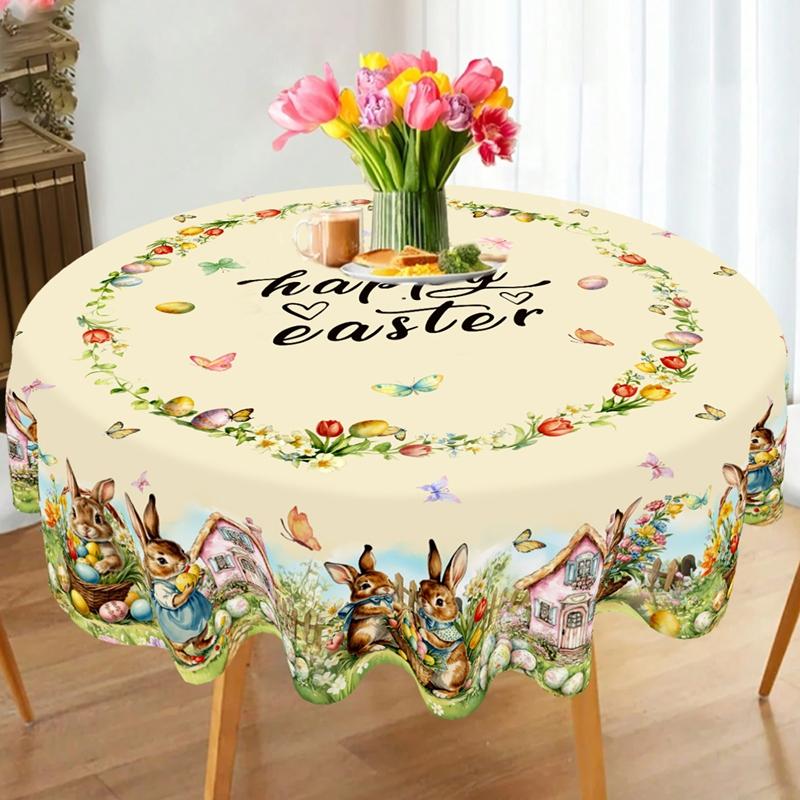 Vintage Easter Bunny Eggs Tablecloths Holiday Party Decor Spring Floral Rectangle/Round Table Cover Easter Decorations for Home