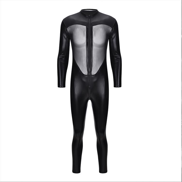 Men's Patent Leather Mesh Patchwork Erotic Bodysuit for Nightclub and Stage Performances