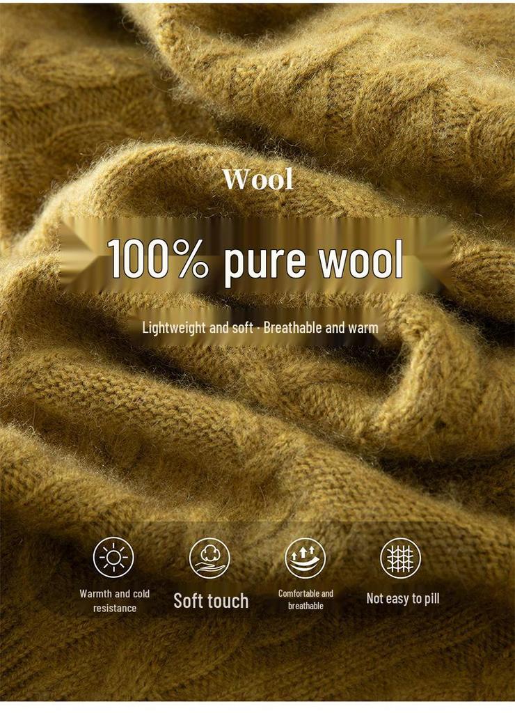 2026 Autumn/Winter Women's Pure Wool Thick Cable Knit Sweater with Half-High Collar and Long Sleeves