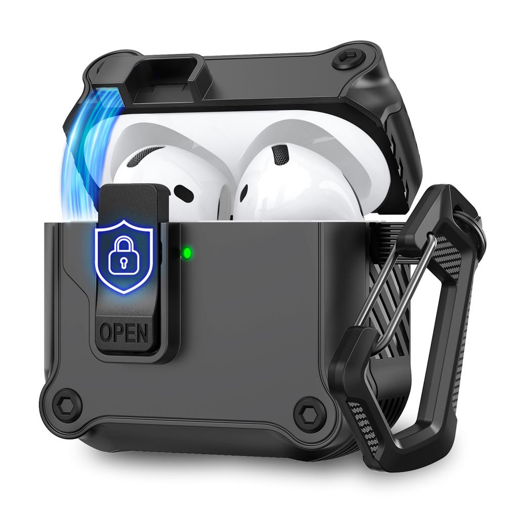 AHASTYLE WG167 For AirPods 4 Protective Case Integrated Safety Lock Switch Button Earphone Cover with Carabiner