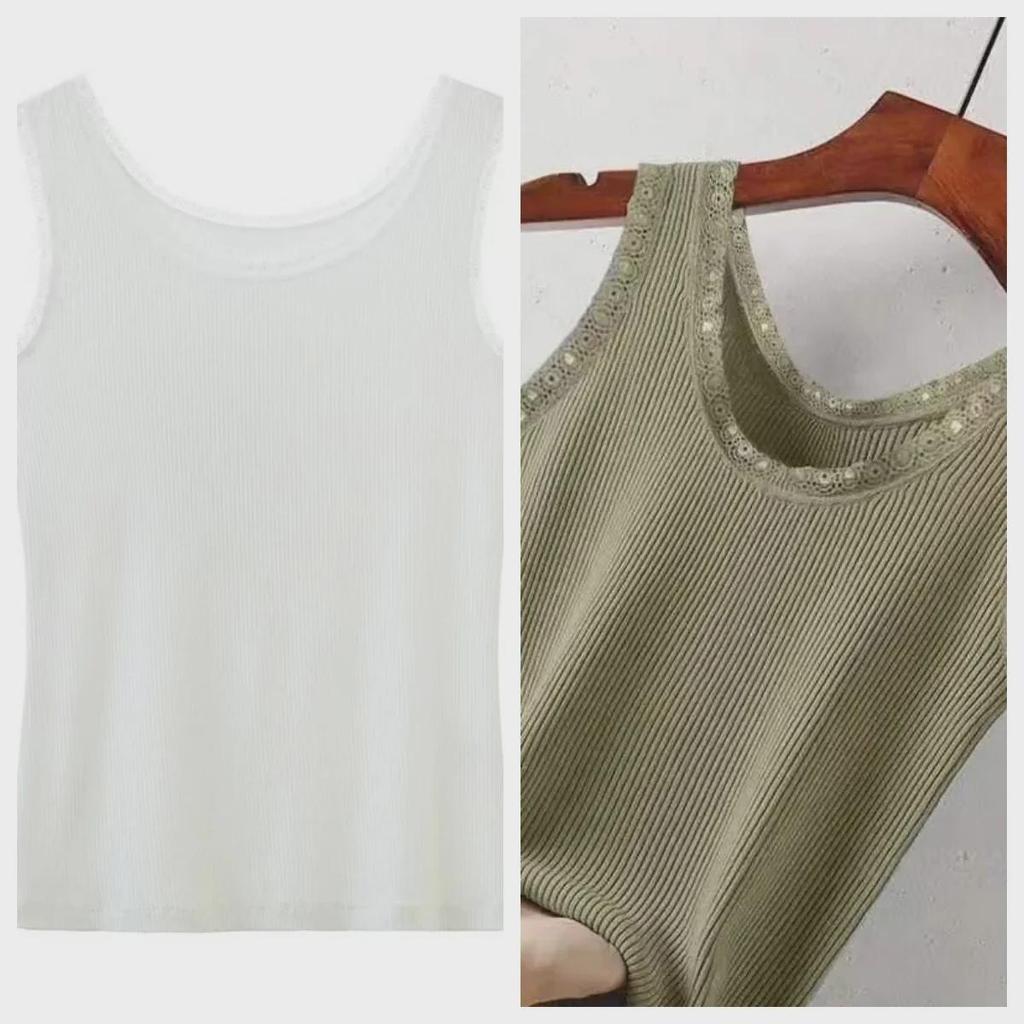 Damen Modal Geripptes Tanktop mit breiten Trägern und Spitzenbesatz - Frühling/Sommer Übergröße Lockere Passform
