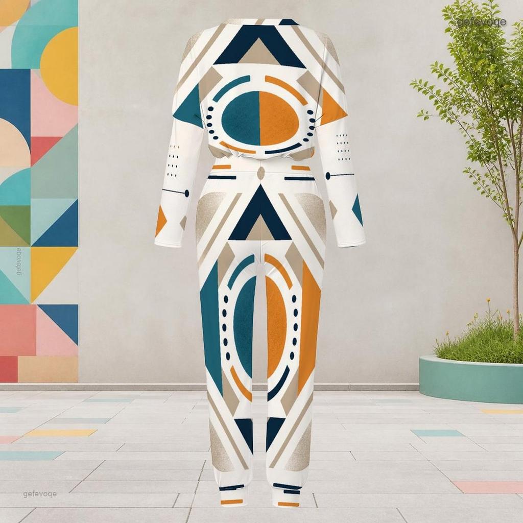 Women Plus Size Two Piece Set Round Neck Long Sleeve Geometric Printed Cuffed Top Cuffed Pants With Pockets