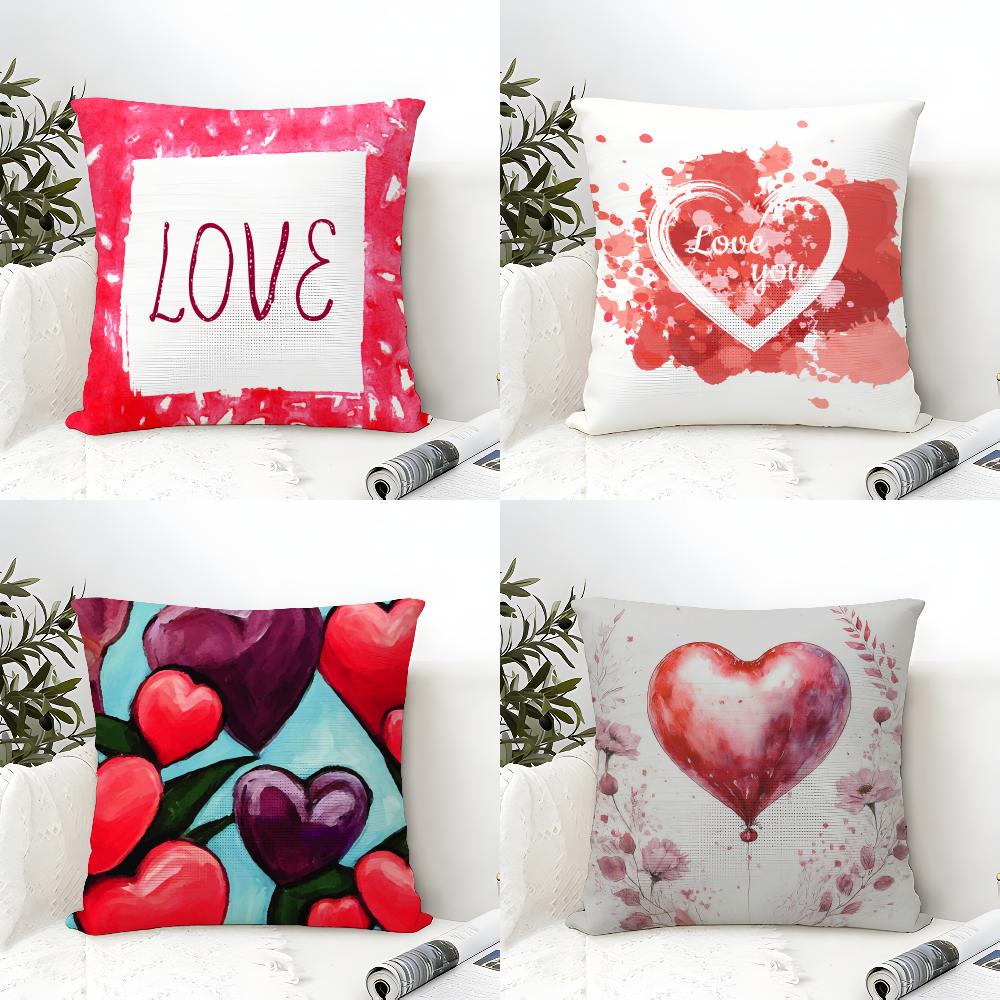 Valentine Red Heart Pillow Case Natural Linen Double-Sided Printing Sofa Home Decor Cushion Cover