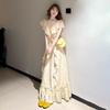 New Ruffle Leaf Edge V-neck Yellow Floral Dress Children's Summer French Gentle Temperament Waist Dress