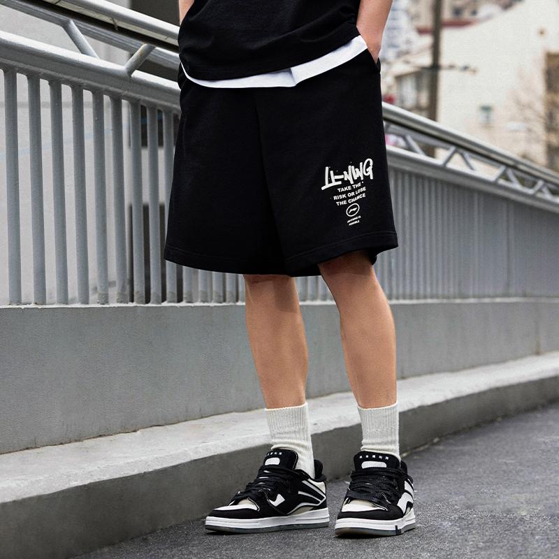 Li-Ning Breathable Loose Fit Elastic Printed Letter Knit Casual Shorts Men Shorts Black AKSU685-2