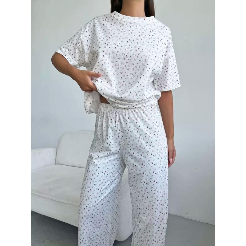 Spring Summer Pajamas Set for Women White Heart Print Short Sleeve Tops and Long Pants Sleepwear Casual Loose Soft Pyjamas Homewear