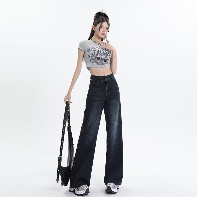 Women's High Waist Retro Straight Leg Jeans - Blue-Gray, Slimming and Loose, Floor-Length for Spring/Autumn 2026
