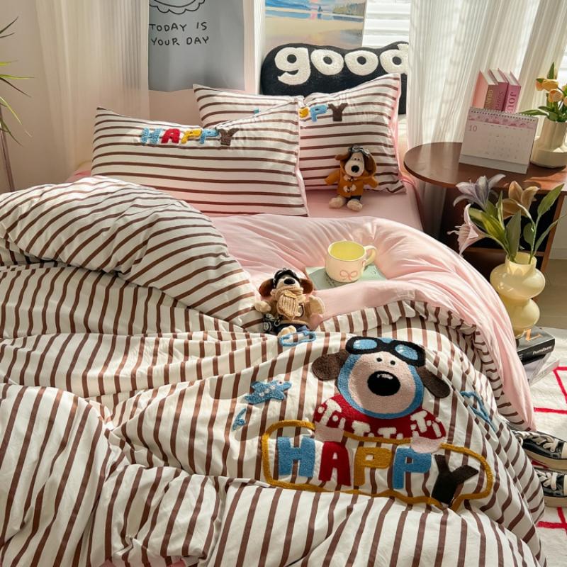 Cloud Pure Cotton Quilt Cover Bed Sheet Embroidery Four-piece Set Cartoon Puppy Skin-friendly Breathable Bed Sheet Bedding