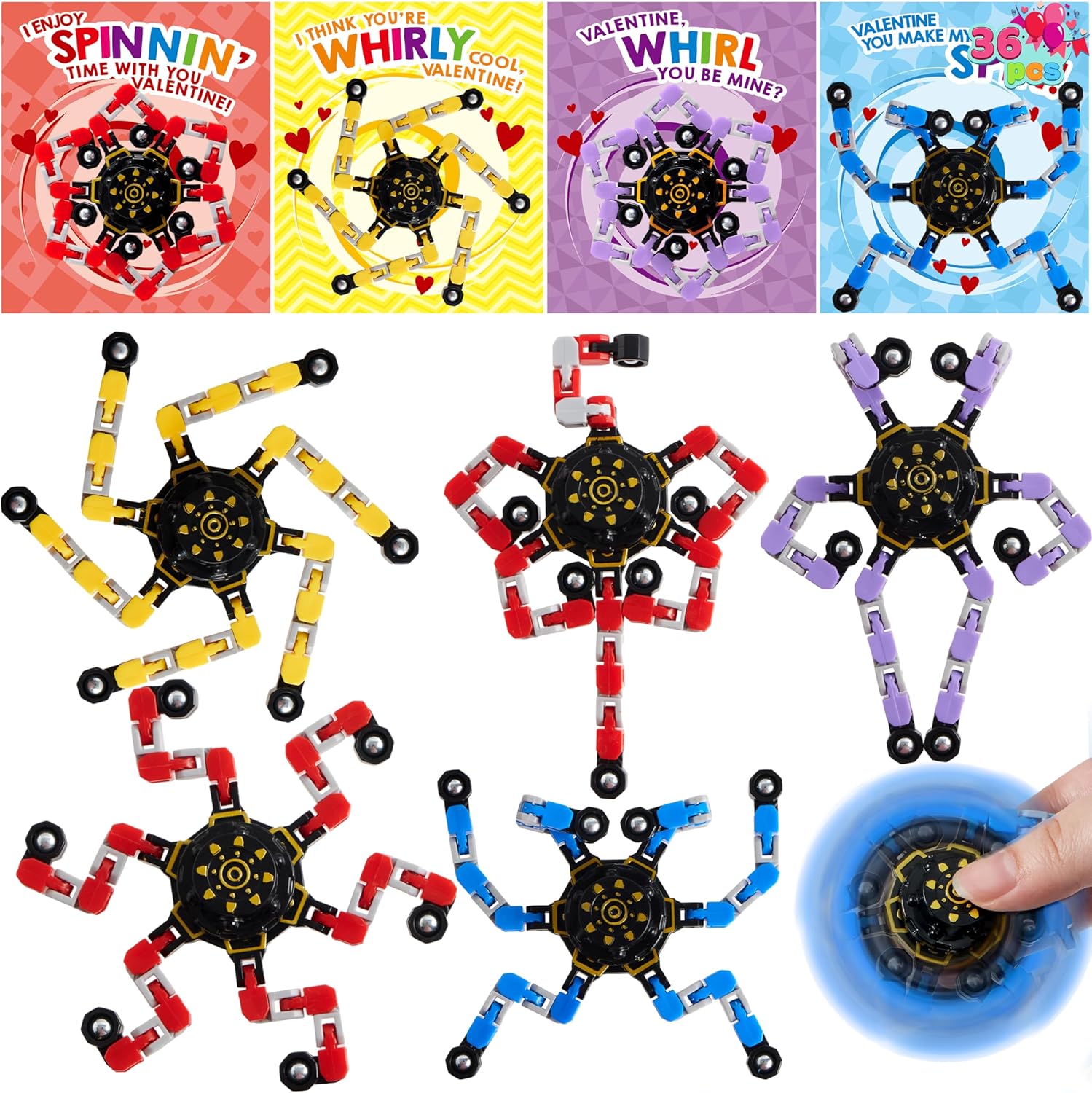 

36 Pcs Valentine s Day Fidgets Spinners Present Cards Deformable DIY Spinners Fingertip designed for Children Celebration Favors Present