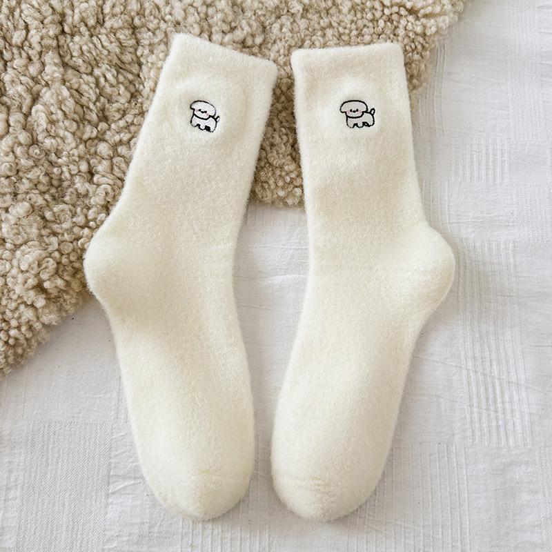 Embroidered Puppy Socks Season Mid-Tube Socks Cute Cartoon Velvet Thickened Thermal Home Floor Sleeping Socks