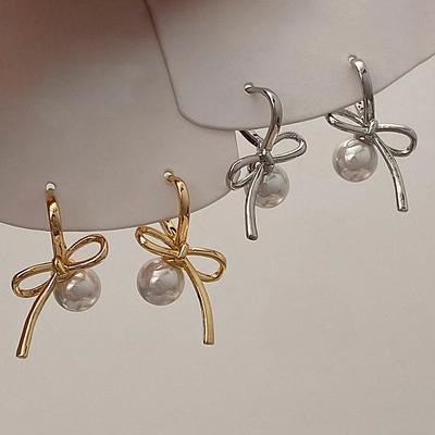 PONYKISS  Sterling Silver Needle Pearl Bowknot Hoop Earrings for Women Minimalist Fashion  Cute Accessories