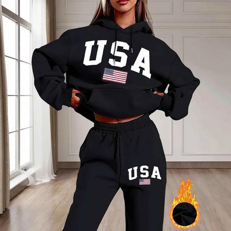 Completo felpa con cappuccio e stampa di lettere da donna Outfit casual streetwear Inverno