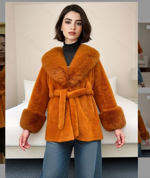

New big fur collar long slim jacket mink imitation fox fur plush coat high fashion version L помаранчевий