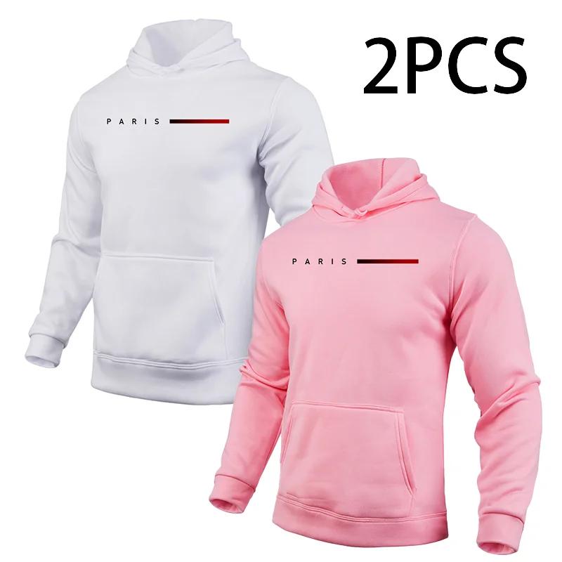 2pcs Hoodies Male Autumn Winter Hooded Long Sleeve Pullover Paris Printed Sweatshirt Urban Fashion Casual Sporty Hoody Coat