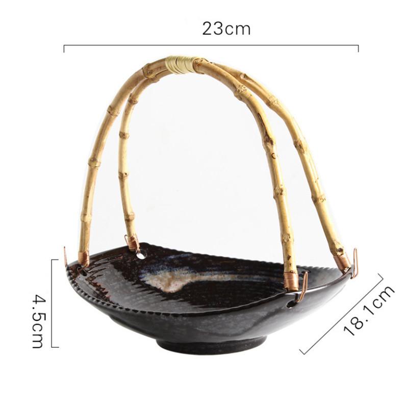 Japanese Ceramic Sushi Plate with Bamboo Handle – Creative Hanging Fruit & Dessert Tray