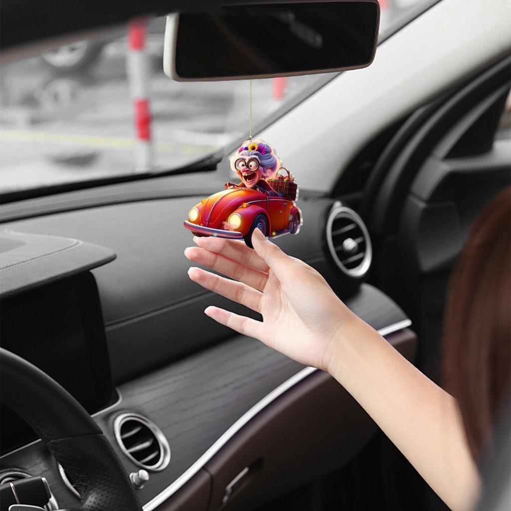 2D Cute Car Acrylic Flat Rearview Mirror Pendant Keychain Accessories