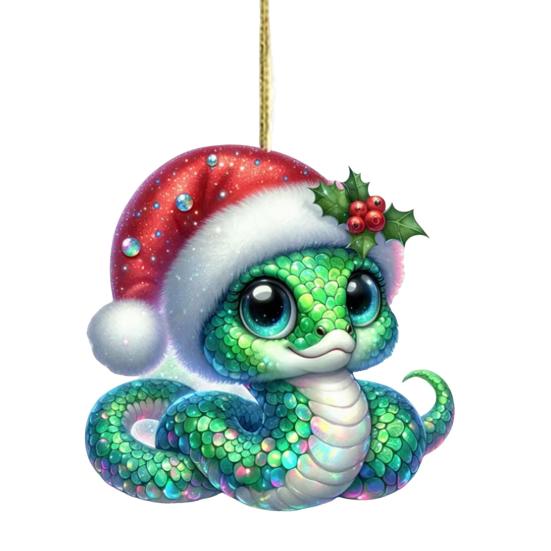 Hadí vánoční ozdoba Plochá 2D akrylová kreslená hadí přívěsek Slavnostní had se Santa čepicí