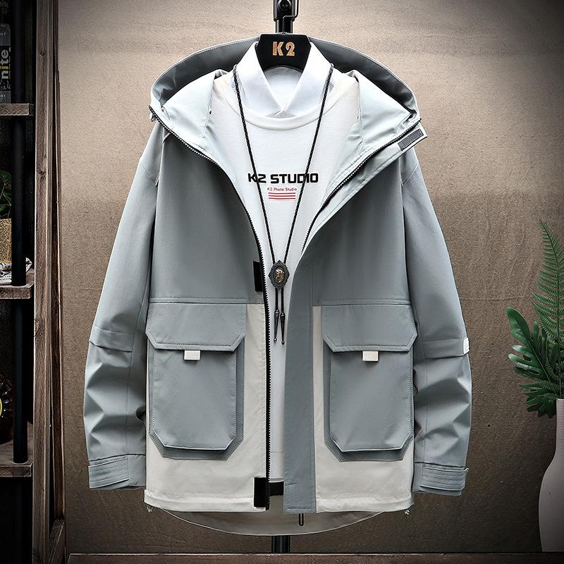 Men's Fashion Big Pockets Wear-resistant Top Sports Jacket Korean Style Tooling Casual Hooded Jacket