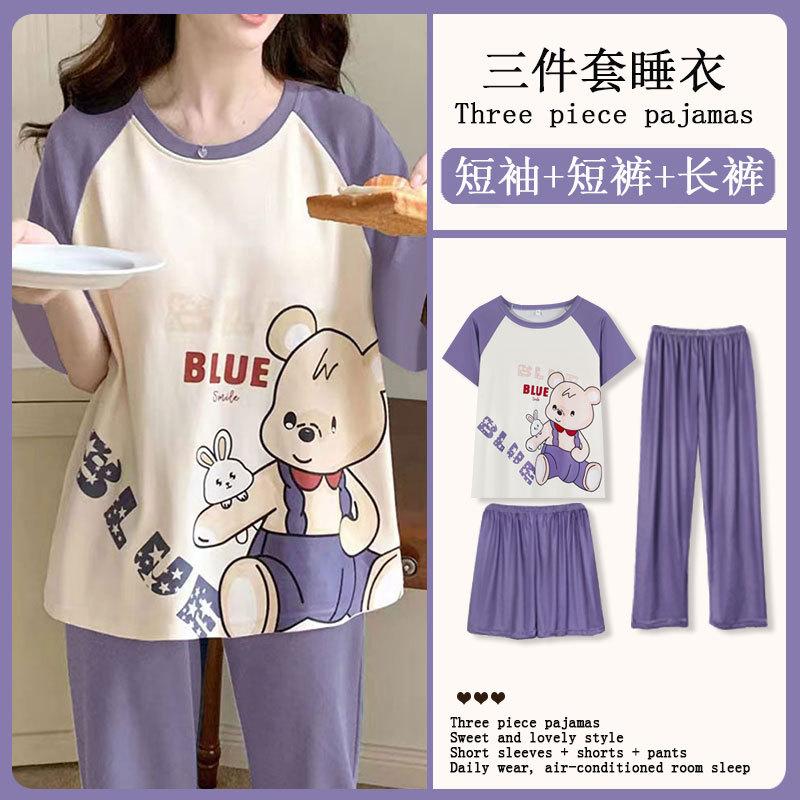 Summer Korean Sweet Pajamas Women's Crew Neck Short-sleeved Three-piece Comfortable Women's Loungewear Spot Straight Hair