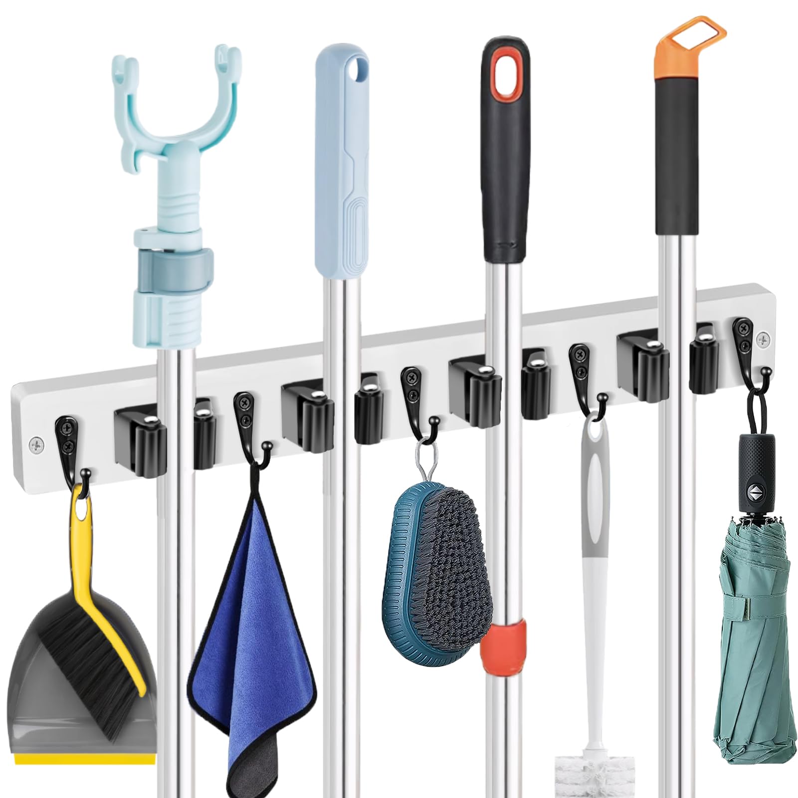 

Держатель для швабры из деревенского дерева, вешалка для настенного садового инструмента, органайзер с 4 слотами, 4 крючками для гаража, прачечной белый