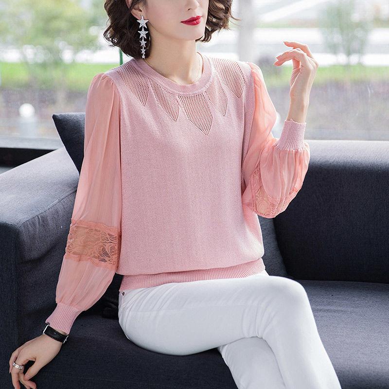 Round Neck Patchwork Yarn Sleeve Hollow Knit Sweater Top Long Sleeved Sweater Women's Base Sweater