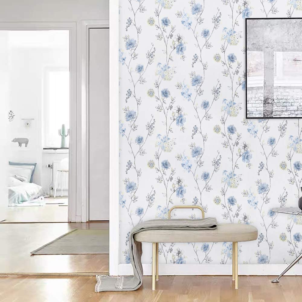 HaoHome Blue Floral Wallpaper Modern Floral Peel and Stick Wallpaper Self-Adhesive Waterproof Removable Contact Paper