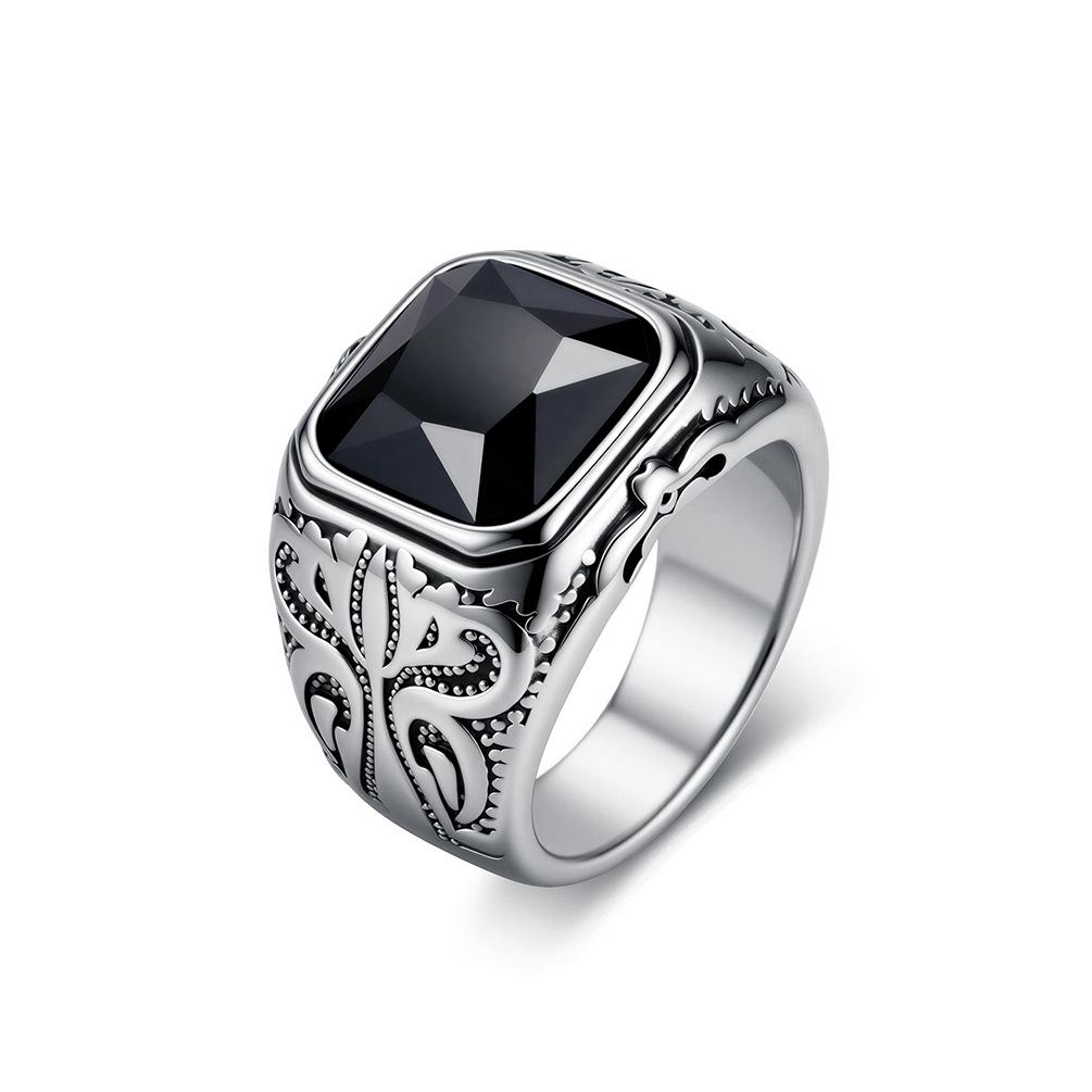 Black Stone Ring Stainless Steel Embossed Pattern for Men Vintage Jewelry