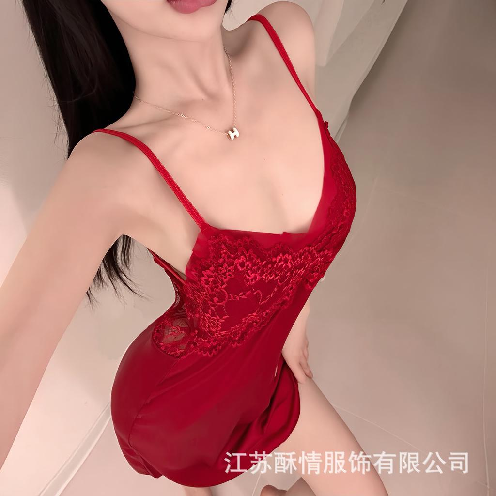 Spring and Summer Sexy Nightdress Lace Temptation V-neck Gathering Ice Silk Suspender Nightdress Backless Chest Pad Suspender Nightdress Set