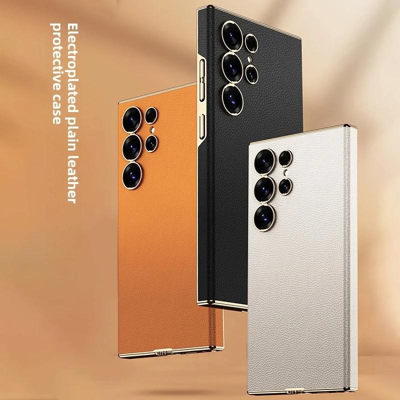 Husă din piele cu suprafață curbată, electroplată, pentru Samsung Galaxy S25 S24 Ultra, carcasă de protecție din plastic dur, suport, husă pentru telefon