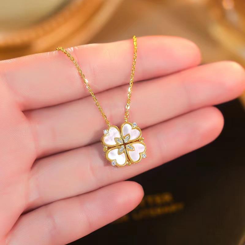 Douyin Bestseller: White Shell Four-Leaf Clover Mother-of-Pearl Zircon Necklace with Magnetic Clasp