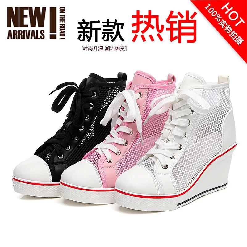Wedge Heel 8cm Height Increasing Net Shoes Thick Bottom Sandals Women Casual Lace Up High Top Hollow Shoes