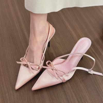 2024 Women's Silver Satin Pointed Closed-Toe Stiletto Sandals with One Strap