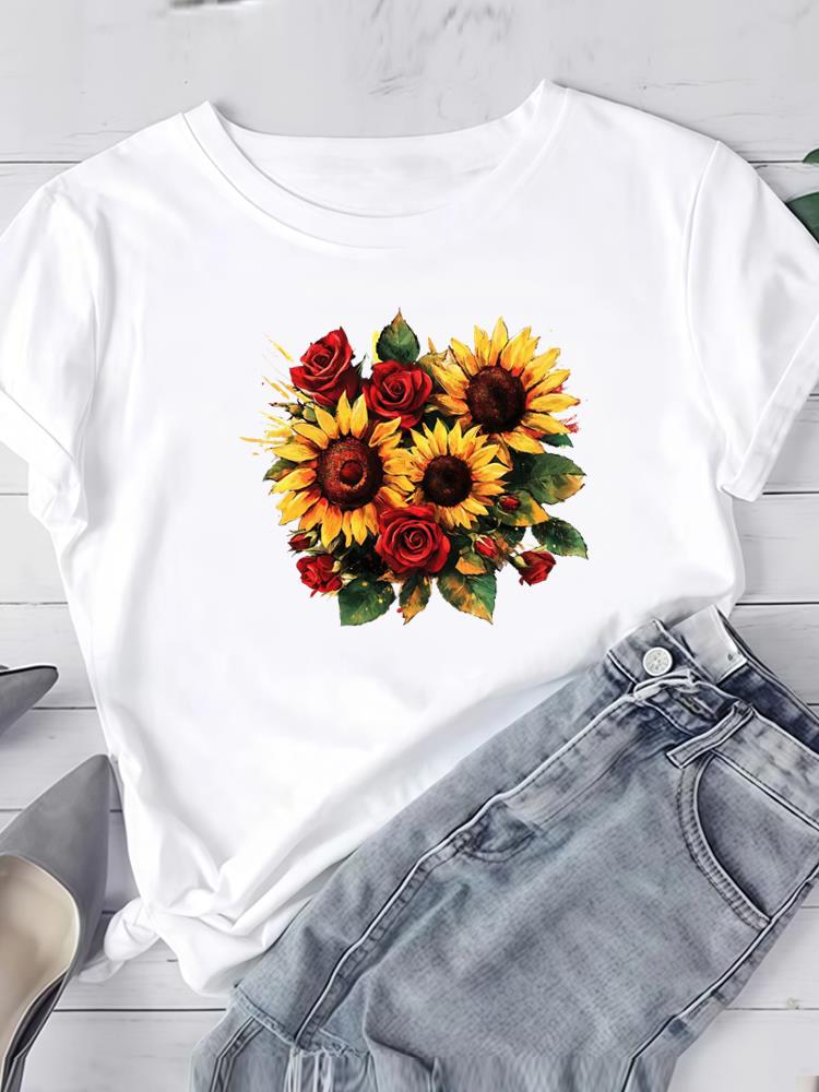 (Asian Size) Watercolor Flower Cute Short Sleeve Tee Clothing T Shirt Woman Women Fashion Top Print Female Graphic T-shirts