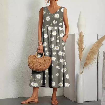 Kadın Zarif Düz Renk Elbise Yaz Kısa Kollu O-Yaka Vintage Harajuku Pamuk Rahat Bol Cepli Uzun Elbise