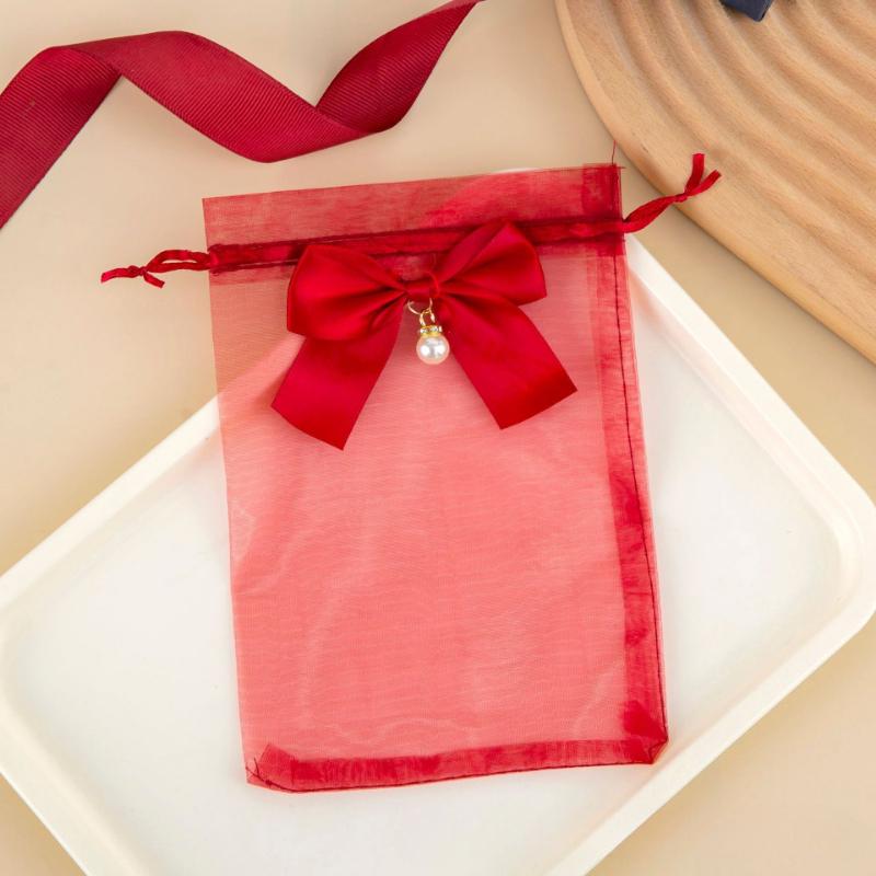 

Bowknot Organza Mesh Drawstring Bags Wedding Candy Gifts Storage Bag Pouches Earring Jewelry Packaging Bag With Pearl Pendent 5pcs&20x30cm вина червоного кольору