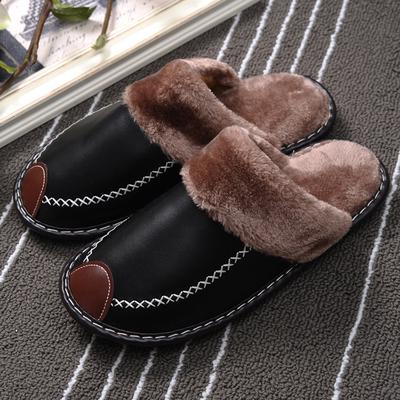 Fashion Men Slippers Black New Winter PU Leather Slippers Warm Indoor Slipper Waterproof Home House Shoes Women Warm Leather Slippers