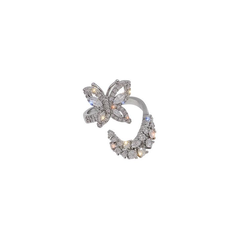 Luxury Ins Style Butterfly Moon Diamond Ring: Women s High-End Fashion Statement Adjustable Open Size