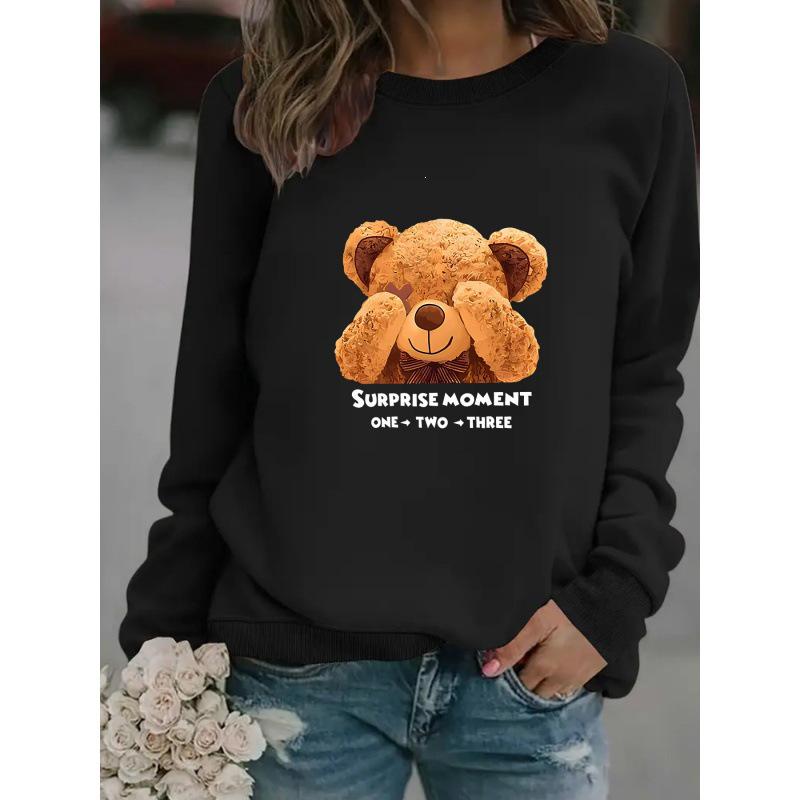 Women's Cartoon Bear Print Long-Sleeve Round Neck Pullover Hoodie - Autumn/Winter Collection