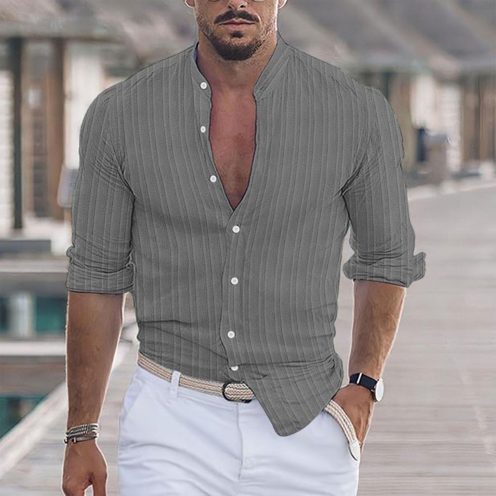 Cămașă de in ușoară pentru bărbați, casual, cu nasturi, cu mânecă lungă, textură de lucru, tricou simplu, top pentru vacanță la plajă