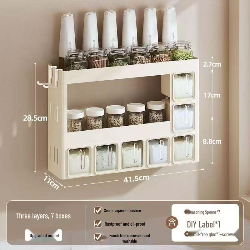 Punch-Free Wall-Mounted Kitchen Seasoning Rack with Jars