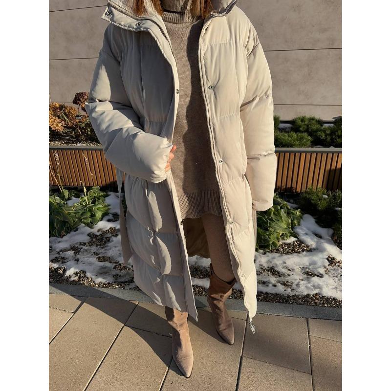 Women S Casual Waist Cinched Long Thick Warm Puffer Cotton Coat Brown