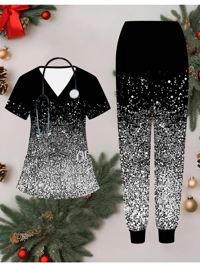 3D Leopard Print Printed Women's Nurse Uniform Set Short Sleeve Long Pants with Pocket Casual Fashionable Christmas Gift