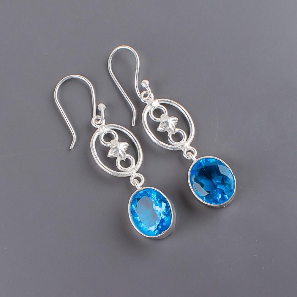 Swiss Blue Topaz Gemstone 925 Sterling Silver Jewelry Handmade Earrings 2.00" EE-17-8