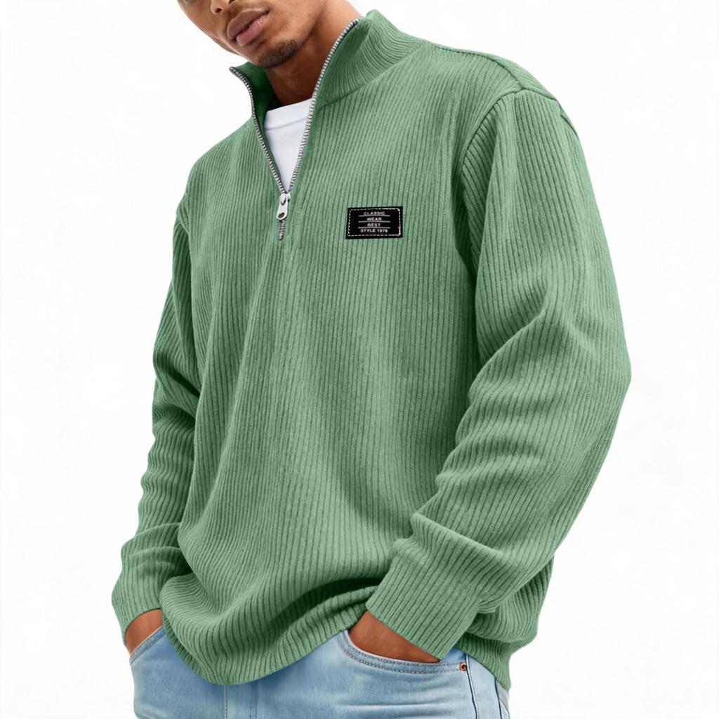 Men's Retro Corduroy Long Sleeve Shirt with Zip-Up Stand Collar Casual Top