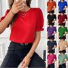 Damen Rundhals Kurzarm Bluse Normale Passform Elegant Einfarbig Puffärmel Oberteil