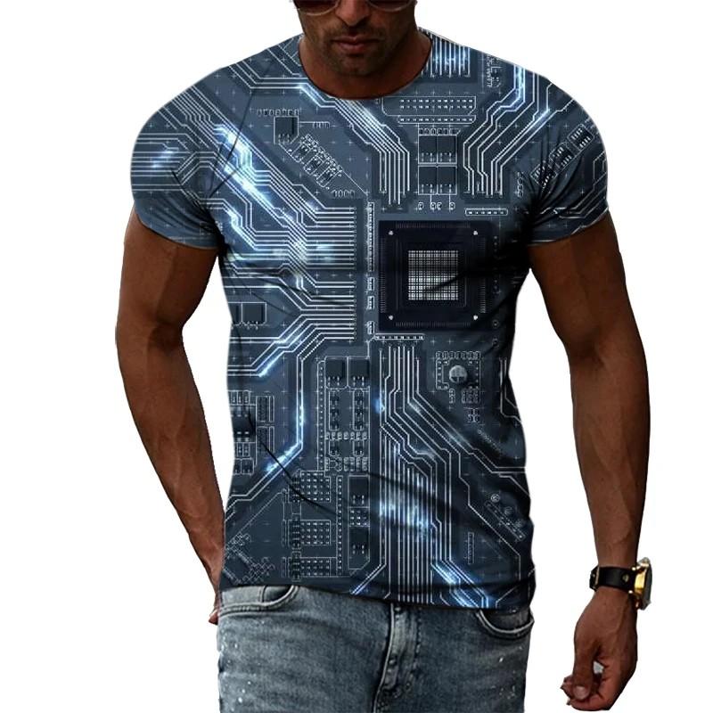 Summer Round Neck 3D Circuit Board Print T-shirts Fashionable Casual Short Sleeved Men's T-shirts
