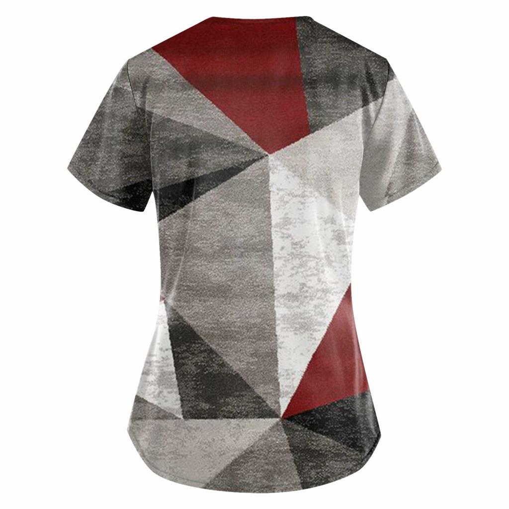 Damesmode werkkleding met V-hals, korte mouwen en bedrukte zakken